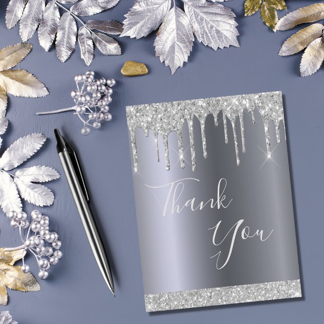 Birthday silver glitter drips Thank You Postcard (Creator Uploaded)