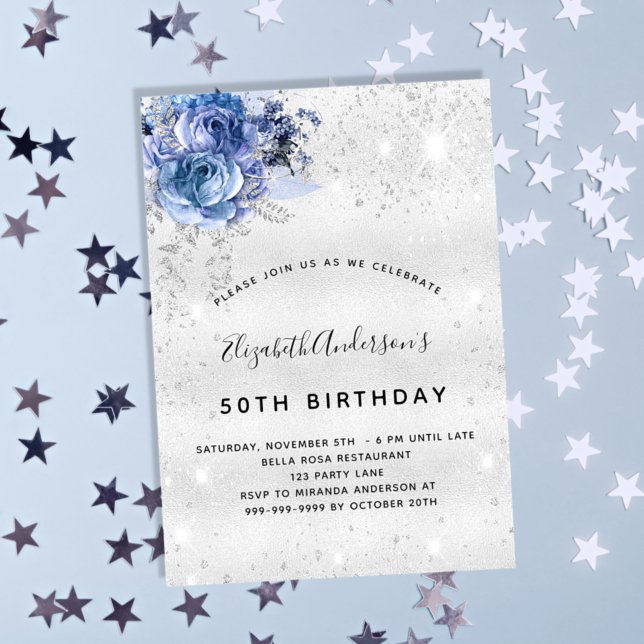 Birthday silver glitter dust blue floral invitation (Creator Uploaded)