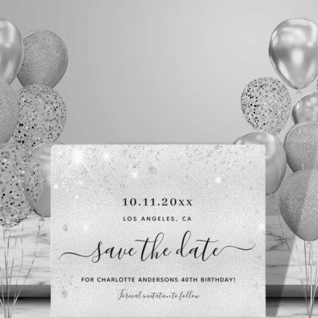 Birthday silver glitter dust budget save the date flyer (Creator Uploaded)