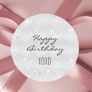 Birthday silver glitter dust hugs kisses classic round sticker