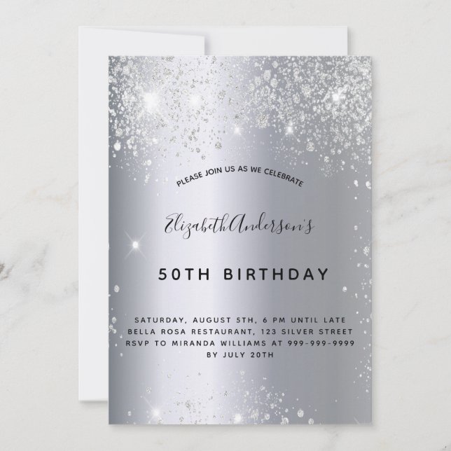 Birthday silver glitter dust metal invitation (Front)