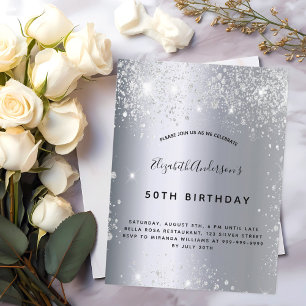 Birthday silver glitter dust metal  invitation postcard