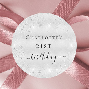 Birthday silver glitter dust metal monogram classic round sticker