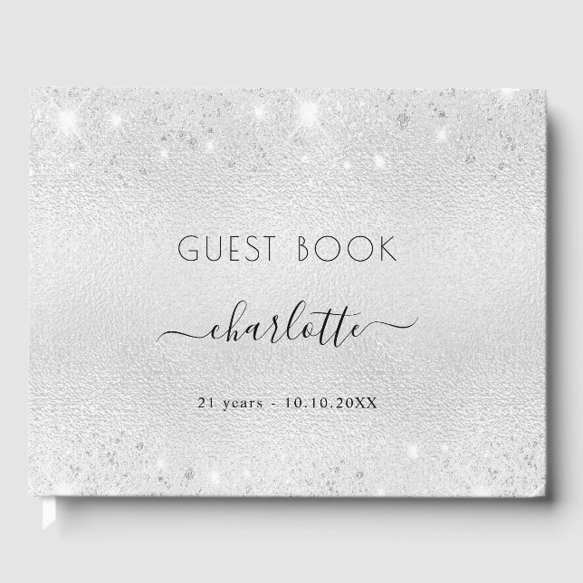 Birthday silver glitter dust metal monogram name guest book (Front)