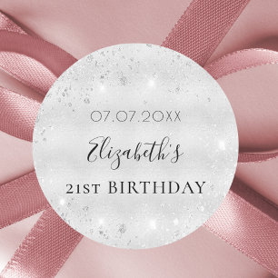 Birthday silver glitter dust metal name date classic round sticker