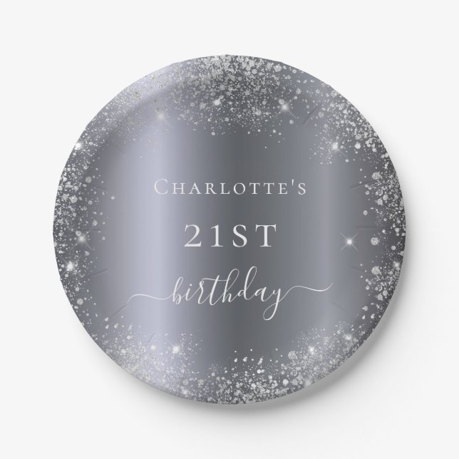 Birthday silver glitter dust monogram elegant paper plate (Front)