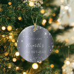 Birthday silver glitter dust name elegant ceramic tree decoration<br><div class="desc">An ornament for a girly and glamourous 21st (or any age) birthday. A dark faux silver metallic looking background with faux glitter dust. Personalise and add a date, name and age 21. The name is written with a modern hand lettered style script. Perfect as party decoration, favour, keepsake or as...</div>