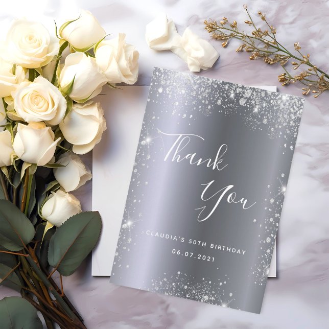 Birthday silver glitter elegant thank you card (Creator Uploaded)