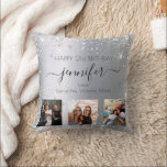 Birthday silver glitter friend photo names cushion<br><div class="desc">A gift from friends for a woman's 21st birthday, celebrating her life with 3 of your photos of her, her friends, family, interest or pets. Personalise and add her name, age 21 and your names. Black coloured letters. A chic faux silver looking background colour. Decorated with faux glitter dust. Her...</div>