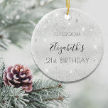 Birthday silver glitter name elegant ceramic tree decoration<br><div class="desc">An ornament for a girly and glamorous 21st (or any age) birthday.  A faux silver background with faux glitter dust. Personalize and add a date,  name and age 21. The name is written with a modern hand lettered style script. Perfect as party decoration,  favor,  keepsake or as a gift.</div>
