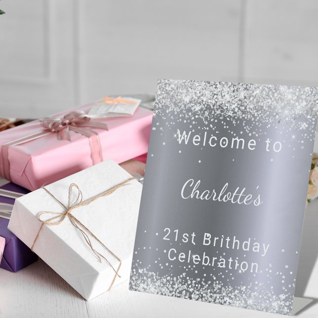 Birthday silver glitter name party welcome pedestal sign (Creator Uploaded)