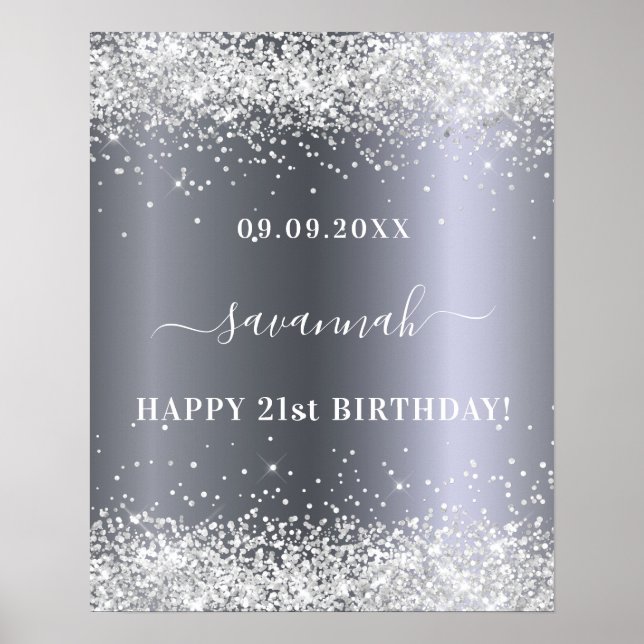 Birthday silver glitter name party welcome  poster (Front)