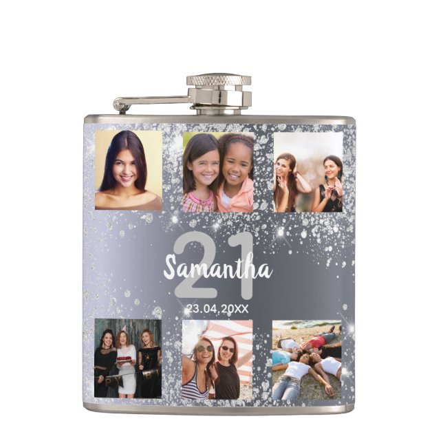 Birthday silver glitter photo collage name hip flask (Front)