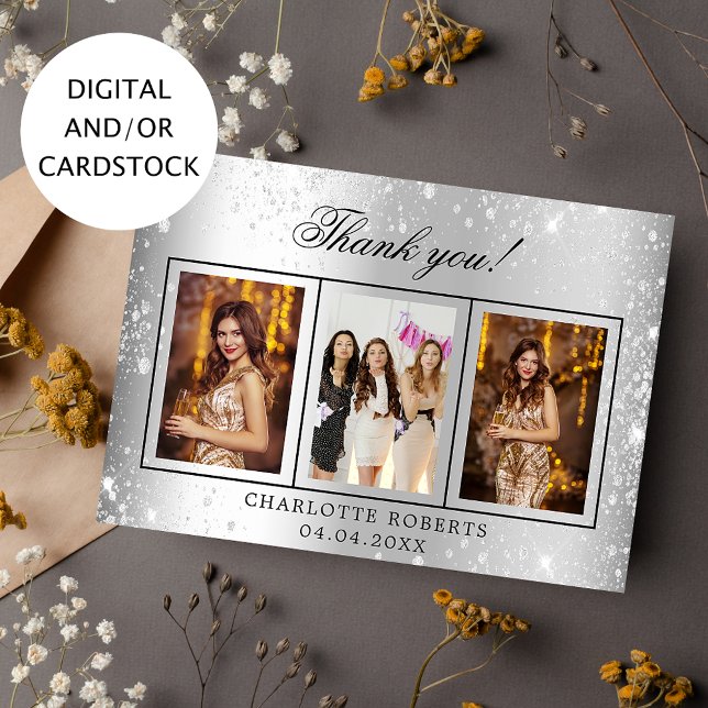 Birthday silver glitter photo thank you card (Creator Uploaded)