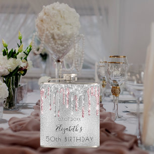 Birthday silver glitter pink foil sparkle monogram hip flask