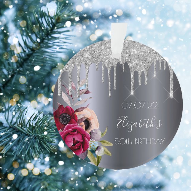 Birthday silver glitter sparkles floral burgundy ornament (Creator Uploaded)