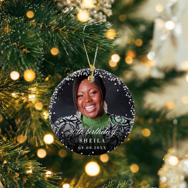 Birthday silver glitter sparkles photo name ceramic tree decoration (Creator Uploaded)