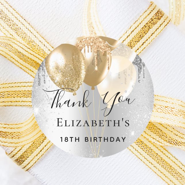 Birthday silver gold glitter balloons thank you classic round sticker (Creator Uploaded)