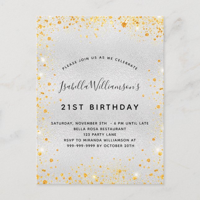 Birthday silver gold glitter dust sparkle invitation postcard (Front)
