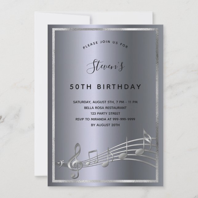 Birthday silver gold music notes party invitation (Front)