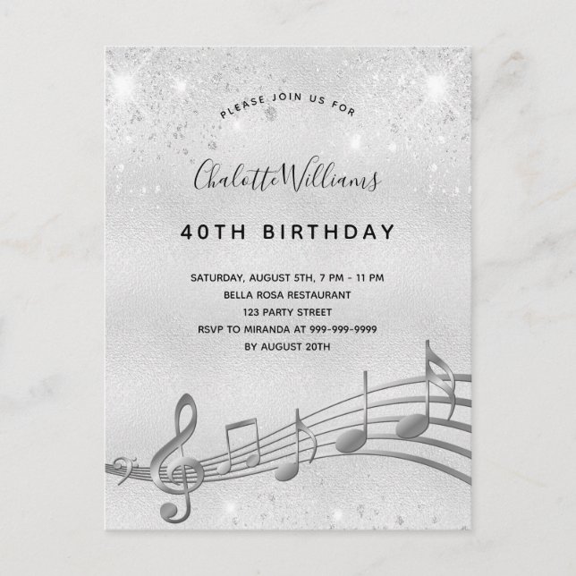 Birthday silver music notes 40th invitation (Front)
