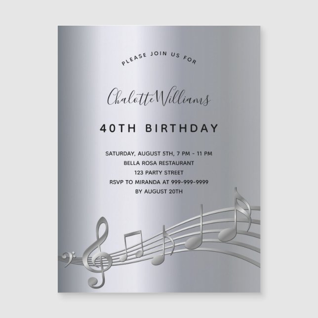 Birthday silver music notes invitation magnet (Front)
