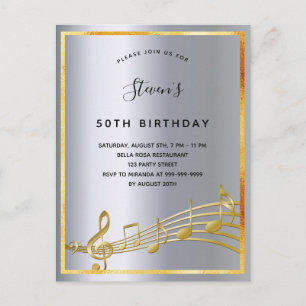 Birthday silver music notes metal invitation postcard
