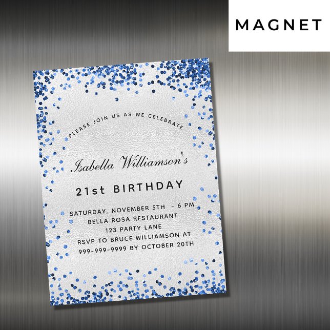 Birthday silver navy blue confetti luxury magnetic invitation (Creator Uploaded)