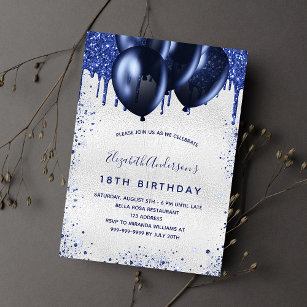 Birthday silver navy blue glitter drips balloons invitation