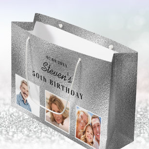 Birthday silver photo collage name large gift bag