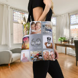 Birthday silver photo collage name tote bag<br><div class="desc">A unique gift for a woman's 60th (or any age) birthday, celebrating her life with a collage of 8 of your own photos, pictures. Personalise and add her name, age 60 and a date. A chic faux silver metallic looking background. Grey and white letters and numbers. The name is written...</div>