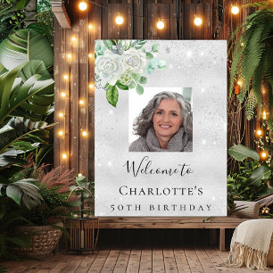 Birthday silver photo glitter florals welcome poster