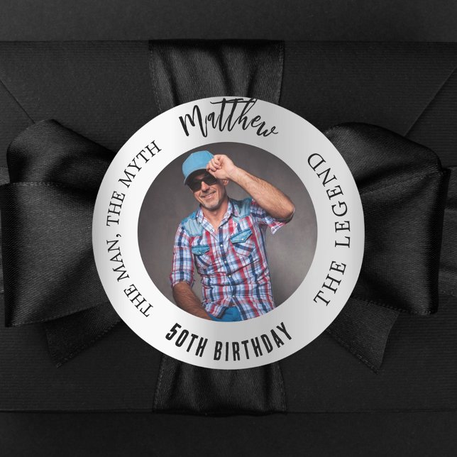 Birthday silver photo man myth legend classic round sticker (Creator Uploaded)