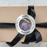 Birthday silver photo man myth legend classic round sticker<br><div class="desc">A faux silver looking background.   Text: The Man,  The Myth,  The Legend. Personalise and add his name,  age and photo.</div>