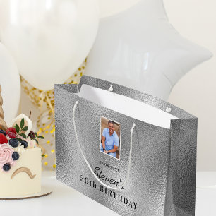 Birthday silver photo name guy man large gift bag