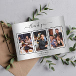 Birthday silver photo script guy men thank you card<br><div class="desc">Add 3 of Your birthday photos,  vertical size,   a date,  name,   and the thank you note.  A faux silver looking background with black text and frame.  The text: Thank you on the front and your name on the back are written with a stylish hand lettered script with swashes.</div>