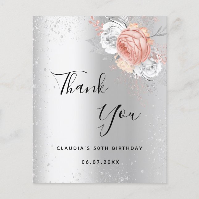 Birthday silver pink floral thank you card (Front)