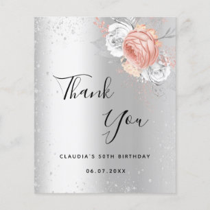 Birthday silver pink floral thank you card