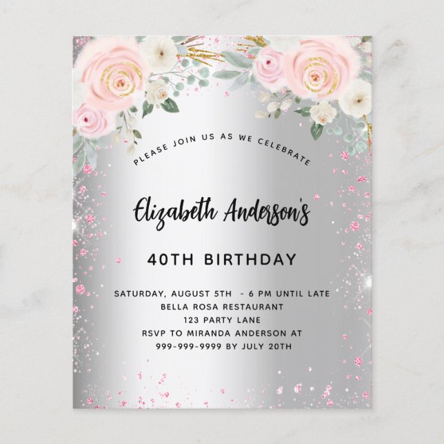 Birthday silver pink florals glitter invitation flyer (Front)