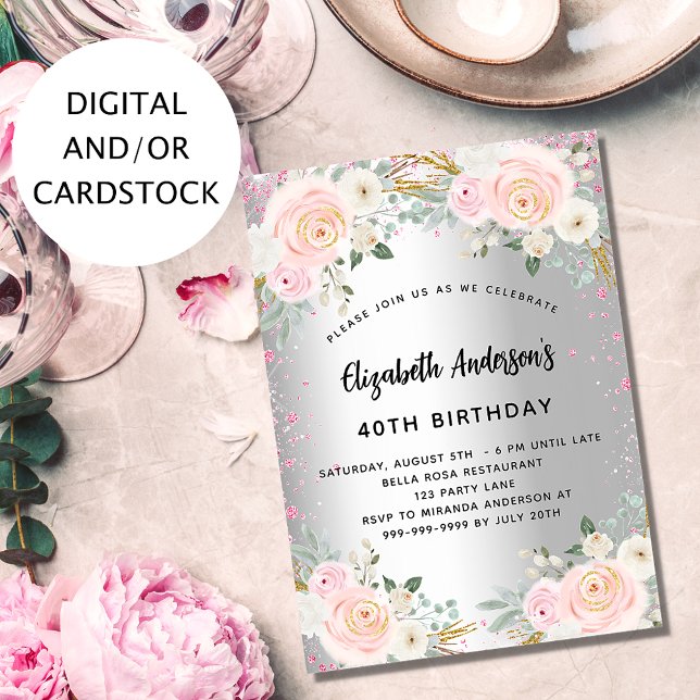 Birthday silver pink flowers glitter invitation (Creator Uploaded)