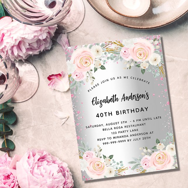 Birthday silver pink flowers glitter luxury invitation (Creator Uploaded)