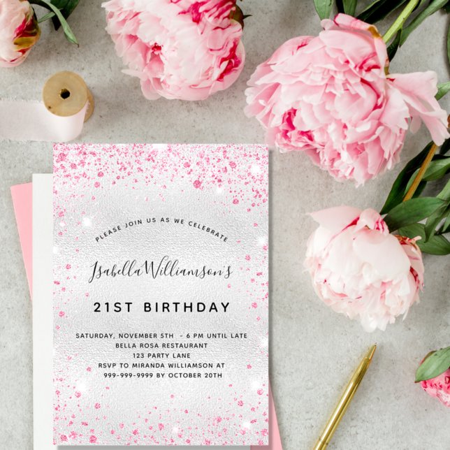 Birthday silver pink glitter dust sparkle invitation postcard (Creator Uploaded)