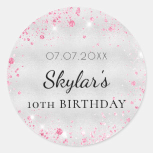 Birthday silver pink glitter girl classic round sticker