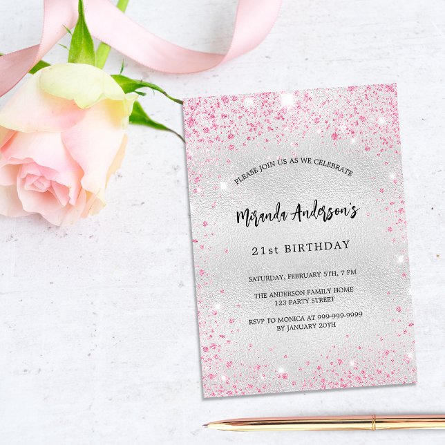 Birthday silver pink glitter luxury invitation (Creator Uploaded)