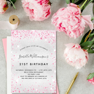 Birthday silver pink glitter sparkle glamourous invitation