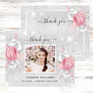 Birthday silver pink photo thank you card