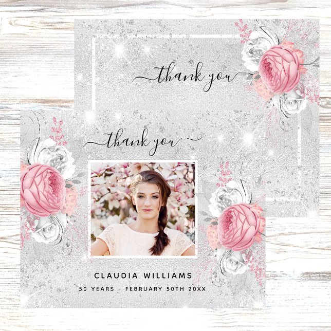 Birthday silver pink photo thank you card (Creator Uploaded)