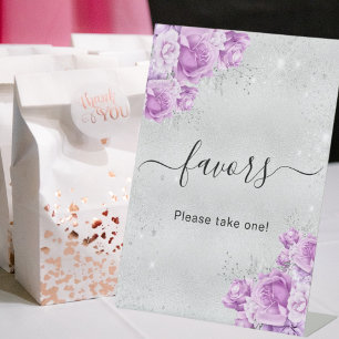 Birthday silver pink violet flowers favours pedestal sign