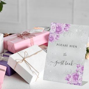 Birthday silver pink violet flowers guest book pedestal sign