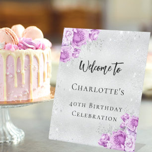 Birthday silver pink violet flowers welcome party pedestal sign